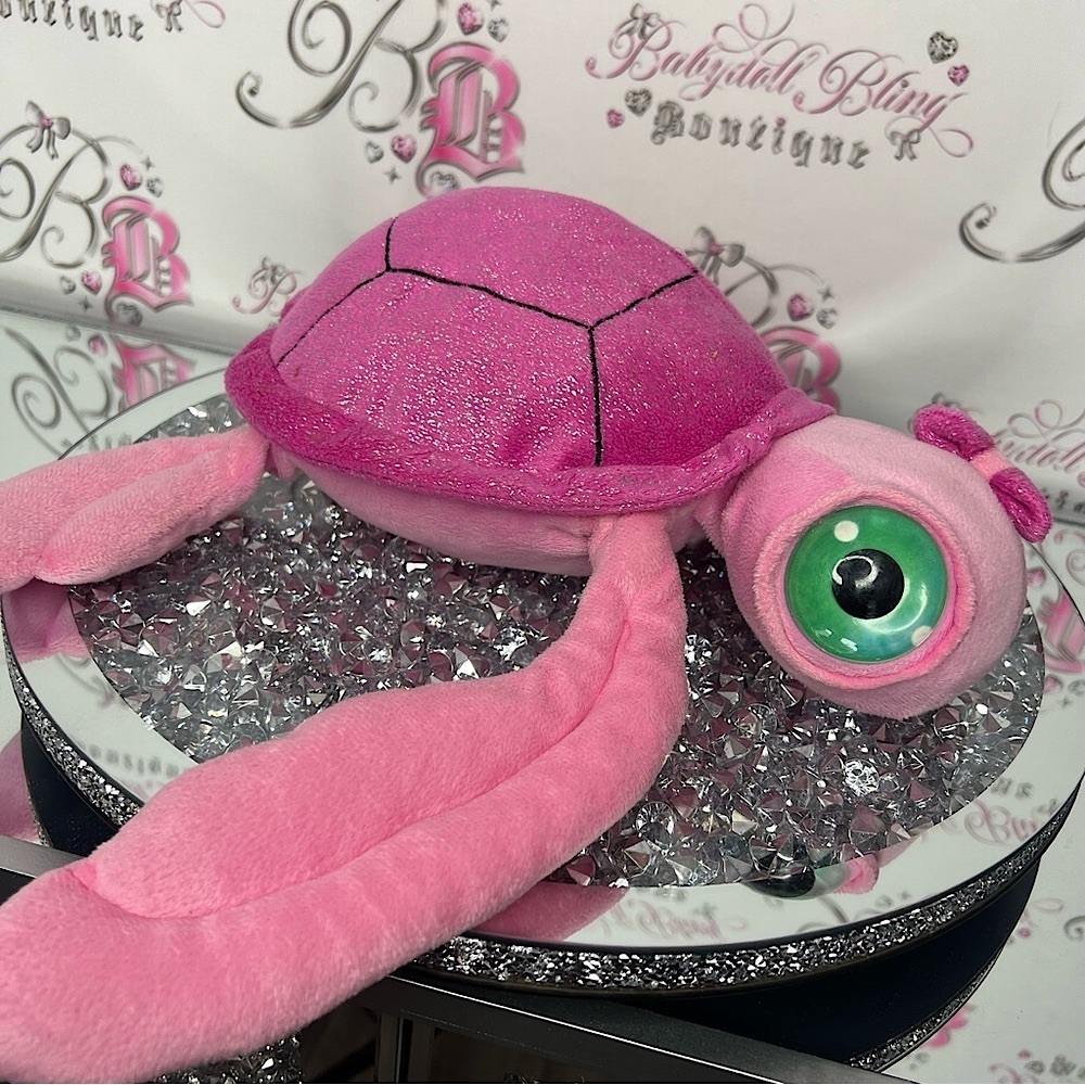 Big eyed pink sea turtle sparkly adorable bow tie on head plush stuffed toy